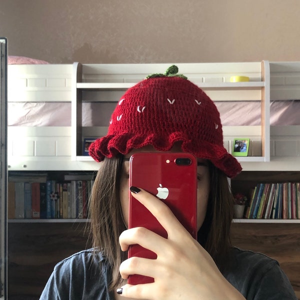 Chapeau de fraise rouge - Pour enfant - Chapeau de fraise tricoté - Chapeau de fraise