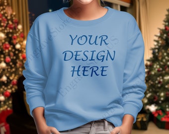 Gildan 18000 Light Blue Sweatshirt Mockup | Model Christmas  Mocks | G180 Mock-up Bundle | Casual Simple Mockups