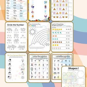 May include: Educational activity sheets for children, featuring various learning exercises. Includes letter formation, opposites matching, shape patterns, number circles, color identification, subtraction, and a five senses matching game. The sheets have colorful illustrations and text.