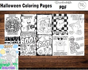 May include: A collection of Halloween coloring pages with various spooky illustrations. The pages feature images of skeletons, ghosts, and other Halloween-themed characters. The words "Halloween," "Happy," "Boo," "Spooky," and "Trick or Treat" are visible.