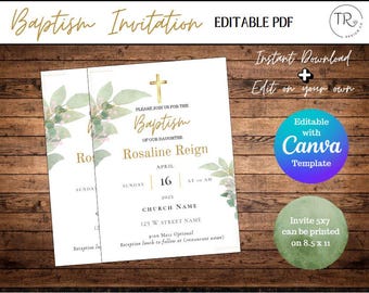 May include: Editable Baptism invitation template with a watercolor floral design in shades of green and gold. The text reads "Please join us for the Baptism of our daughter Rosaline Reign, April 16, 2023, at 10 AM, Church Name, 123 W Street Name, 9:00 Mass Optional, Reception lunch to follow at (restaurant name)".