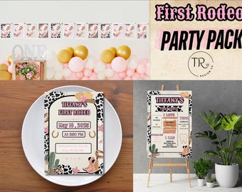 Puede incluir: Un paquete de fiesta con temática de rodeo, que incluye una pancarta, globos y un letrero. El letrero muestra "Tiffany's First Rodeo" y los detalles del evento. La combinación de colores incluye rosa, dorado y detalles de estampado de vaca.