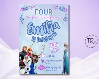 May include: A Frozen-themed birthday invitation for Emilia's 10th birthday party. The invitation features a blue background with a purple floral design and a picture of the characters from the movie Frozen. The text on the invitation reads "FOUR the first time in forever Emilia is turning 10 20 May 2025 2:00 PM Any where, my state 12345 RSVP by may 6th (55) 1234 5678"
