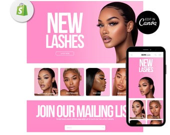 Diseño de sitio web de pestañas, plantilla de sitio web de pestañas, plantilla de marca, tema de Shopify de belleza, Shopify prediseñado, maquillaje, banners web, Canva