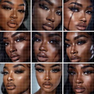 May include: Nine close-up images of a person's face with different eye makeup looks. Each image has a grid overlay.