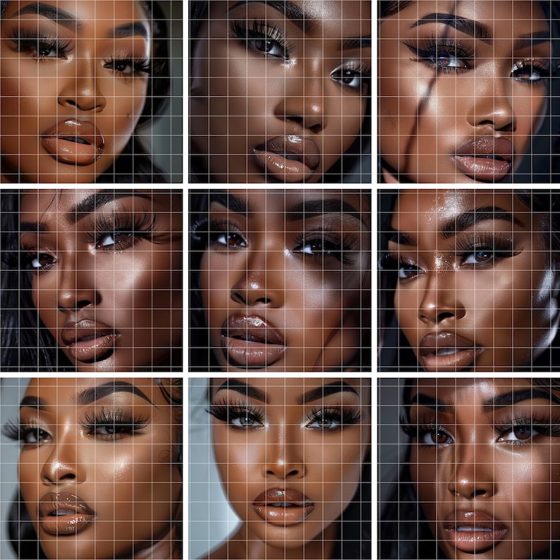 May include: Nine close-up images of a person's face with different eye makeup looks. Each image has a grid overlay.