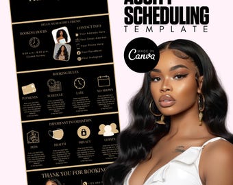 May include: Black and gold appointment scheduling template for a hair stylist. The template includes booking hours, rules, important information, and contact information. The text "Hair By Tiana" is at the top of the template.