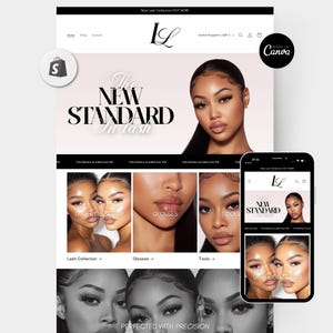 May include: A website design for a lash collection, shown on a laptop and a smartphone. The website features a model with long lashes, the text "The New Standard in Lash", and product categories like "Lash Collection" and "Glosses".