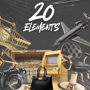 Puede incluir: Una colección de 20 artículos de lujo, que incluyen un carrito de compras dorado, una caja fuerte dorada llena de efectivo, un cajero automático dorado, un bolso de mano de cuero negro, una silla de barbero de cuero negro, un poste de barbero dorado y un avión privado.