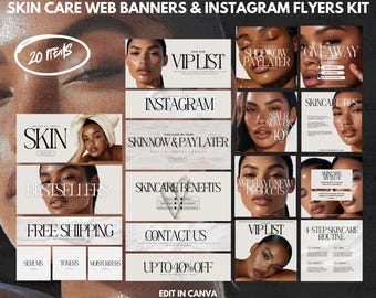 May include: A collection of 20 social media graphics for a skincare brand. The graphics feature images of models with flawless skin, text overlays, and a variety of colors and fonts. The graphics are designed to be used on Instagram and other social media platforms.