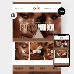 May include: A website design for SKN by Jasmine, with a brown and white colour scheme. The design includes the text "THAT LOVES YOUR SKIN" and product categories like "All Face" and "Body Care". A smartphone displays the website.