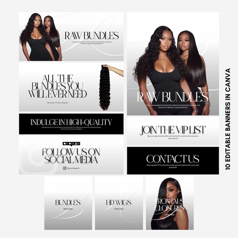 May include: Promotional image for hair extensions and wigs. The image features two women with long, dark hair, and text that reads "RAW BUNDLES", "ALL THE BUNDLES YOU WILL EVER NEED", and "HD WIGS". The image also includes social media icons.