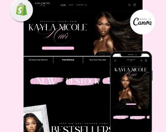 Diseño de sitio web de cabello de lujo, plantilla de sitio web de cabello, plantilla de marca de cabello, tema de cabello Shopify, sitio web Shopify prefabricado, banners web, Canva