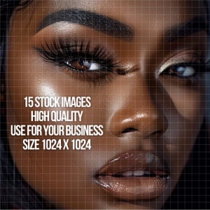May include: Close-up of a woman's face with dark skin, full lips, and dark eyebrows. Her eyes are highlighted with makeup, and her skin is glowing. The image is in focus, and the background is blurred.