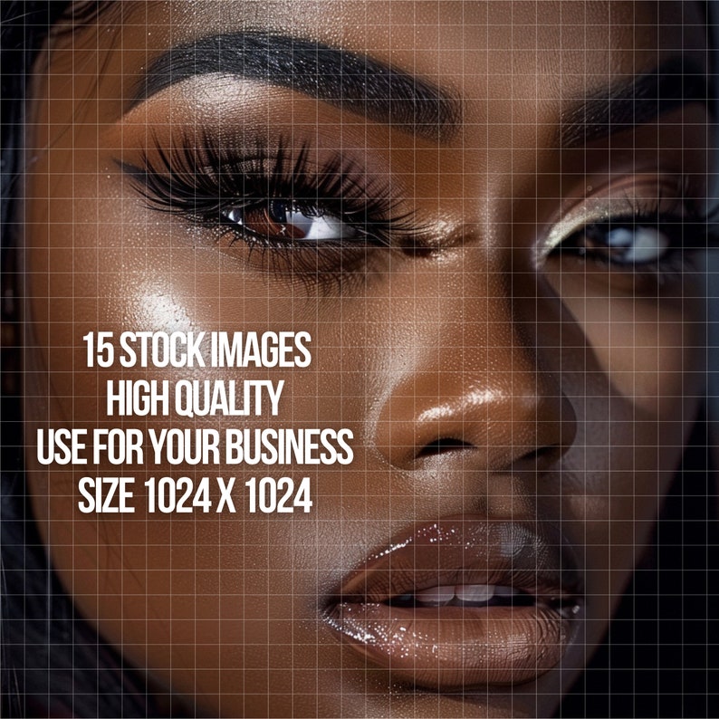 May include: Close-up of a woman's face with dark skin, full lips, and dark eyebrows. Her eyes are highlighted with makeup, and her skin is glowing. The image is in focus, and the background is blurred.
