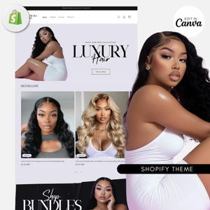 Shopify Luxury Hair Website Template, Hair Stock Images, Premade Hair Website, Instant Download, Editable Canva, Shopify Website Theme