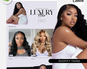 Shopify 高級ヘア ウェブサイト テンプレート、ヘア ストック イメージ、既成ヘア ウェブサイト、即時ダウンロード、編集可能な Canva、Shopify ウェブサイト テーマ