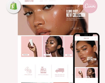 Skin Care Website Design, Skincare Website Template, Branding Template, Beauty Shopify Theme, Premade Shopify, Makeup, Web Banners, Canva