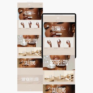 May include: Website screenshot showing a beauty product website with a focus on a "Glossy Skin Collection". The website features a model with a glossy skin finish, product images, and text that reads "Bestsellers" and "Sale Items".