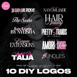 Könnte beinhalten: Schwarz-Weiß-Bild einer Frau mit mehreren Logos in Weiß und Rosa. Logos sind "JADALUXE", "The Sasha Collection", "Luxe Lengths", "Essynce Extensions", "Styled By Talia", "Nayomi Jade", "Hair Vanity", "Pretty Strands", "Amori Dior" und "Bundles". Der Text "10 DIY LOGOS" steht unten.
