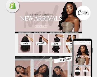 Hair Website Template, Luxury Hair Website Design, Website Banners Canva Template, Shopify Hair Theme, Web Banners, Premade Shopify Website