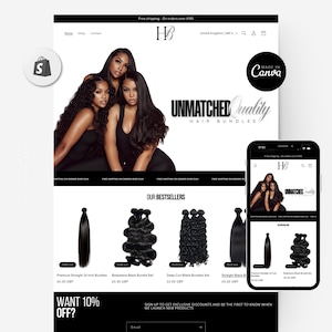 以下が含まれることがあります： 「UNMATCHED Quality HAIR BUNDLES」と書かれた白黒のデザインのウェブサイトのスクリーンショット。このサイトではヘアバンドルが紹介されており、同じ内容が表示された携帯電話も表示されています。また、3人の女性の写真も掲載されています。