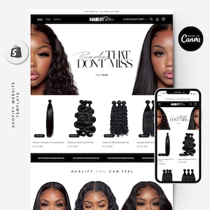 May include: A Shopify website template for Hair by Mia, with a black and white design. The website displays bundles of black hair extensions, with the text "Bundles That Don't Miss." A mobile phone shows the website.