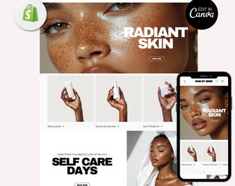 May include: Website homepage for a skincare brand called "Skin by Bree". The website features a model with radiant skin and a tagline that reads "Radiant Skin". The website also features a variety of skincare products, including moisturisers, toners, serums, and eye products. The website also features a call to action to "Shop Now".