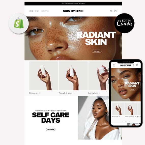 Skin Care Shopify Website Design, Skincare Website Template, Branding Template, Beauty Shopify Theme, Premade Shopify, Web Banners, Canva