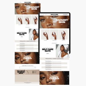 May include: Website screenshot for Skin by Bree, a skincare brand. The website features a model with glowing skin, product images, and the text "Radiant Skin" and "Self Care Days".