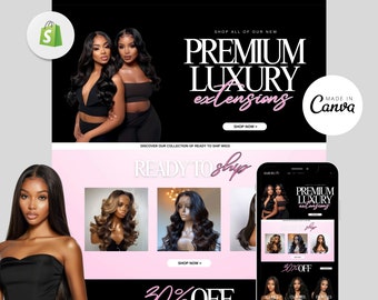 Hair Website Template, Luxury Hair Website Design, Website Banners Canva Template, Shopify Hair Theme, Web Banners, Premade Shopify Website