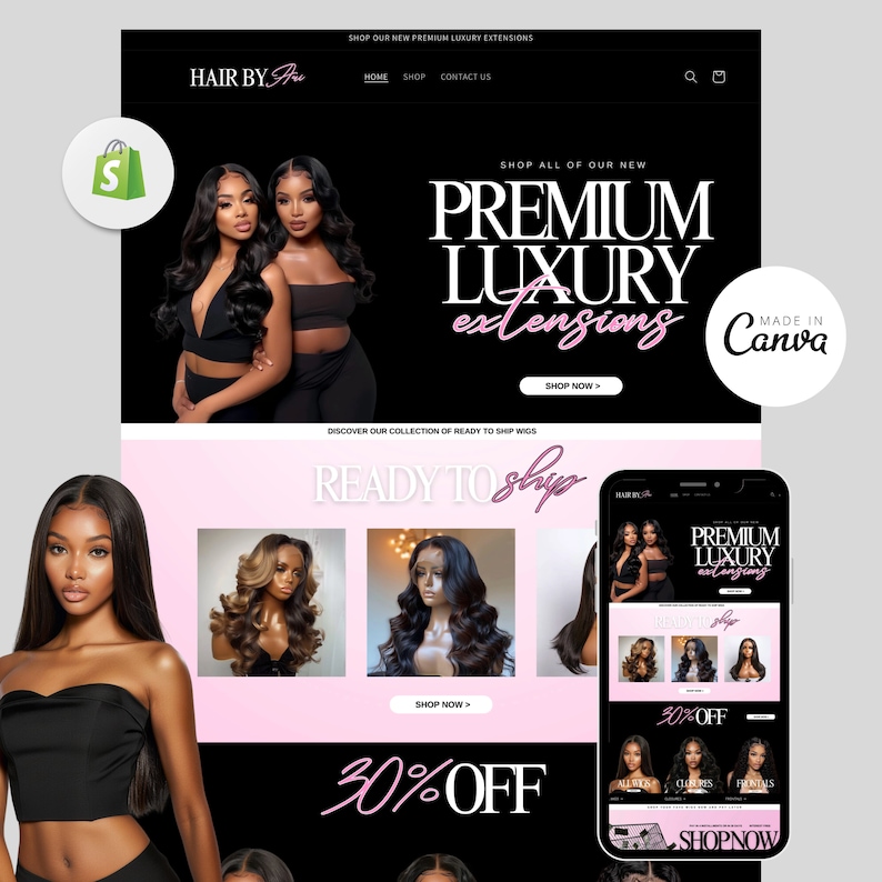 May include: Website banner advertising premium luxury hair extensions with a 30% off sale. The banner features a black background with pink accents and images of women wearing long, flowing hair extensions. The text "READY TO SHIP" is displayed in large, bold letters.
