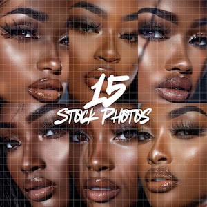 May include: A collage of 15 stock photos featuring close-ups of women's faces with dramatic eye makeup and nude lipstick. The photos are arranged in a grid pattern.