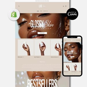 May include: A website design for a beauty brand, displaying "GLOSSY Skin COLLECTION." The site promotes skincare items like moisturisers, eye products, and toners. A smartphone shows the website, and a Shopify logo is present.