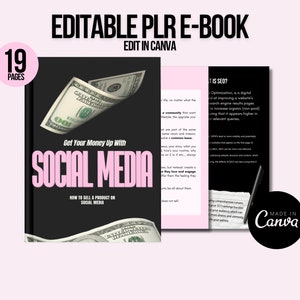 Puede incluir: Una portada de libro electrónico en blanco y negro con un billete de dólar volando en el aire. El título es "Get Your Money Up With Social Media: How to Sell a Product on Social Media". La portada está diseñada en Canva.