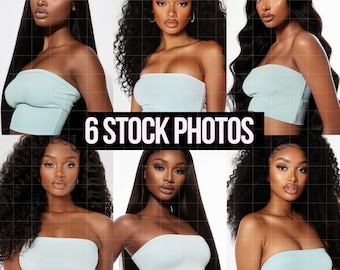 May include: Six stock photos of women wearing light blue strapless tops. The women have different hairstyles and skin tones.