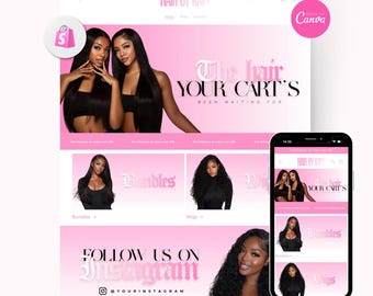 Shopify Hair Website Design, Editable Canva Website Hair Banners, Shopify Theme Hair Banners, Premade Shopify Website, Hair Website Template