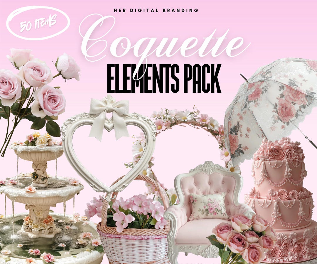 50 Coquette Aesthetic Pink Elements, Graphic Pack, Cute Digital, Clip ...