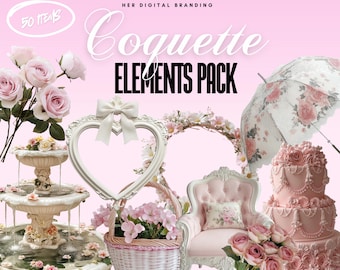 50 Coquette Aesthetic Pink Elements, Graphic pack, Cute Digital, Clip Art, Stock Images, Editable, AI Generated, Pink
