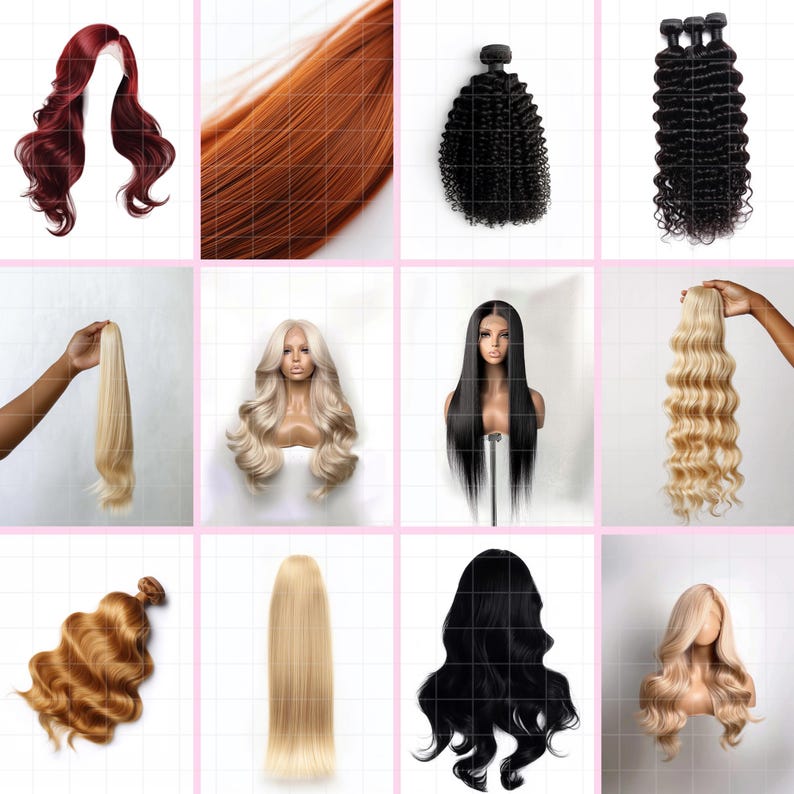 May include: A collection of human hair wigs and wefts in various colors and styles, including blonde, brown, black, and red. The wigs are displayed on mannequins and the wefts are shown hanging.