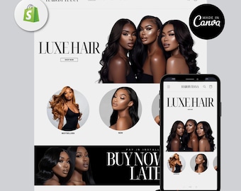Luxury Hair Website Design, Hair Website Template, Hair Branding Template, Shopify Hair Theme, Premade Shopify Website, Web Banners, Canva