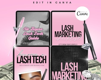Puede incluir: Cuatro portadas de libros electrónicos digitales con fondos rosa y negro. Las portadas presentan texto que dice "Six Figure Lash Tech Guide", "Lash Marketing Checklist", "Become a Lash Tech" y "Lash Marketing Planner".