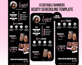 Lash Tech Acuity Scheduling Template, Lash Tech Branding, Lash Tech Website, Canva Templates, Pink and Black Acuity