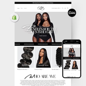 Può includere: Mockup di sito web di un marchio di bellezza con il testo "Bundles for the Girls Who Get It". Il sito presenta pacchi di onde corporee, parrucche premium e offerte di pacchi. Uno smartphone mostra la versione mobile del sito web.