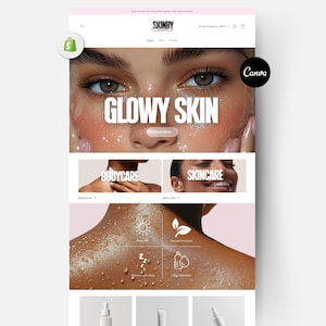 May include: A website homepage for skincare products. The header features the brand name, navigation links, and a call to action. The main image displays the text "GLOWY SKIN" over a close-up of a person's face. Additional sections highlight body care and skincare.