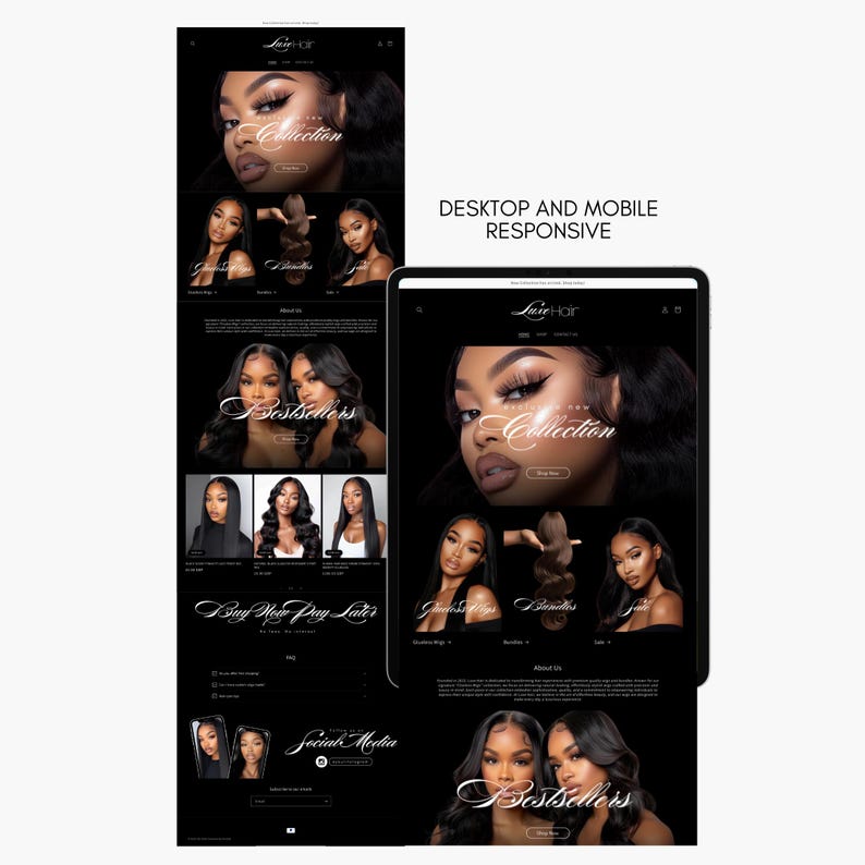 May include: Website homepage for Lure Hair, a hair extensions company. The website features a black background with white text and images of women with long, flowing hair. The website includes sections for the new collection, bestsellers, and information about the company.
