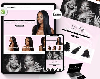 Shopify Luxury Hair Website Template, Hair Stock Images, Premade Hair Website, Instant Download, Editable Canva, Shopify Website Theme