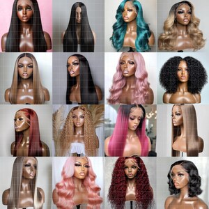 Puede incluir: Una colecci&oacute;n de 16 pelucas diferentes de cabello humano en varios colores y estilos, incluyendo liso, rizado y ondulado. Las pelucas se muestran en cabezas de maniqu&iacute;.