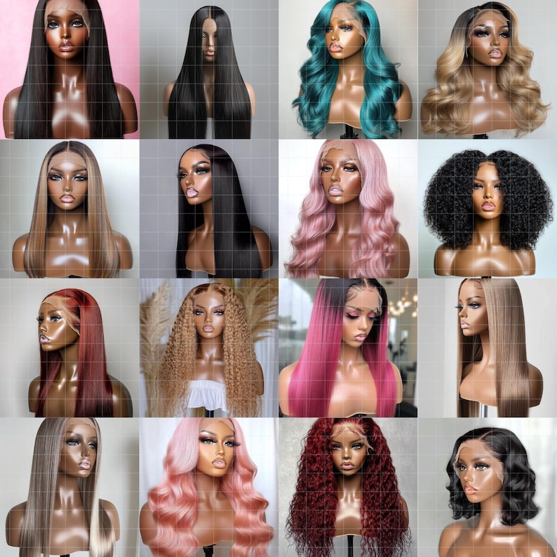 Puede incluir: Una colecci&oacute;n de 16 pelucas diferentes de cabello humano en varios colores y estilos, incluyendo liso, rizado y ondulado. Las pelucas se muestran en cabezas de maniqu&iacute;.