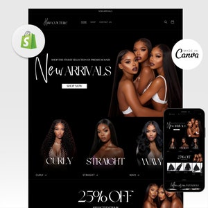 Luxury Hair Website Design, Hair Website Template, Hair Branding Template, Shopify Hair Theme, Premade Shopify Website, Web Banners, Canva